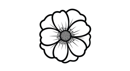 A simple black and white line drawing of a blooming flower with rounded petals and a detailed center.