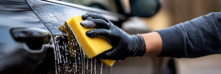 Man washing car with sponge by hand highlighting eco-conscious behavior