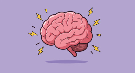 Cartoon Illustration of a Pink Human Brain with Yellow Lightning Bolts.