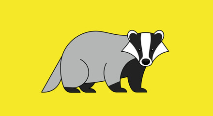 A cartoon badger with a grey body and black and white striped face stands on a bright yellow background.