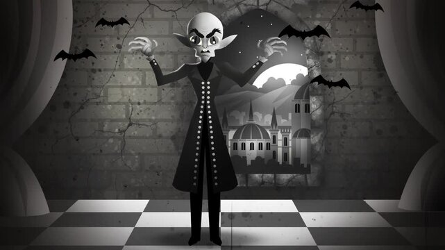 nosferatu vampire in his castle black and white vintage style
