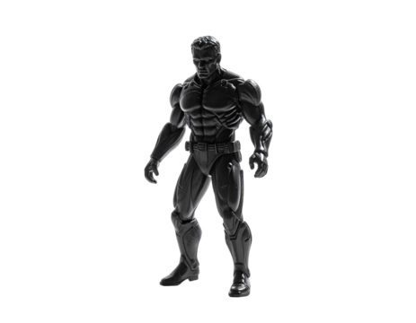 Chrome muscular humanoid figure stands