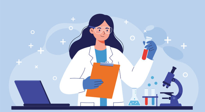 Female scientist in lab coat holding test tube with red liquid working with microscope and laptop.