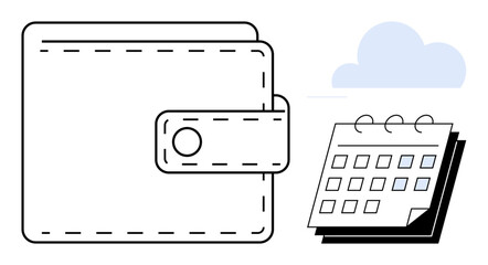 Wallet with clasp next to a calendar under a cloud. Ideal for finance, planning, saving, budgeting, expenses, organization, investments. A simple flat metaphor
