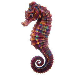 Vivid, multi-colored seahorse with detailed textures floats against a stark black backdrop