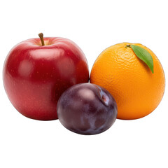 Vibrant trio of fruits red apple, orange, and purple plum, realistically lit against black