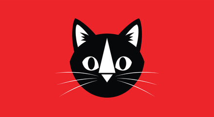 A simple black and white cat face with whiskers on a red background.