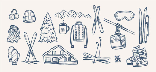 Hand drawn doodle ski essentials collection. Winter activities
