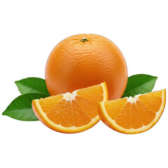 Vivid image of whole & sliced citrus fruit with vibrant green leaves, isolated