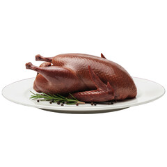 Whole roasted bird on white plate with herbs and peppercorns