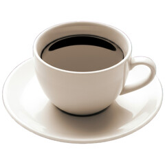 White coffee cup filled with black liquid, resting on matching saucer; simple, clean lighting