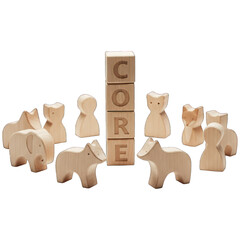 Wooden animal toys surround letter blocks spelling "CORE" against a black background