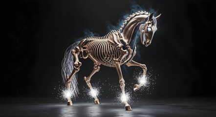 A skeletal horse illuminated by an ethereal glow in a dreamlike and surreal artwork scene