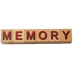 Wooden blocks spell "MEMORY" against a black background. Letters are red. Light on the blocks