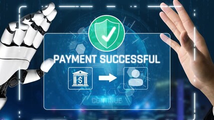 AI confirms secure payment transaction, verifying user identity, processing order, and authorizing completed digital payment within trusted financial systems. Marrow - Powered by Adobe