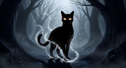 A mysterious black cat roams an enchanted forest, its glowing eyes lighting up the area