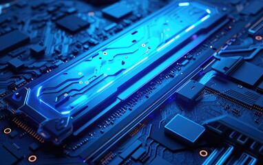 Close-up view of a glowing blue computer circuit board component