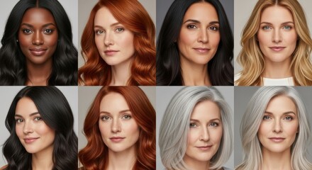 Obraz premium Group of multiethnic women with different hair colors and skin tones. Blonde, brunette, redhead, and African American models together. Beauty portrait represents diversity, inclusion, skincare