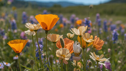 Orange and yellow wildflowers bloom in meadow orange poppies