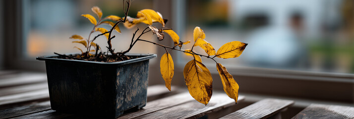 Wilted houseplant in plastic pot symbolizing indoor ecological neglect