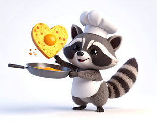 Obraz premium Chibi Raccoon Chef Cooks a Heart-Shaped Omelette with Love and Charm