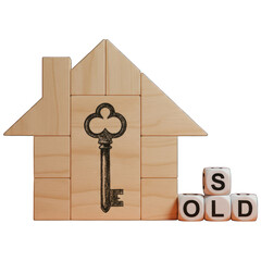 Wooden house puzzle with an antique key, cubes spelling "SOLD" on black background