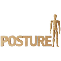 Wooden mannequin stands near "POSTURE" text, both crafted from wood, set against a black backdrop