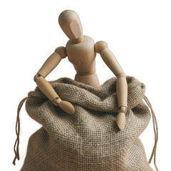 Wooden mannequin sits inside a brown burlap sack, arms draped over the edge