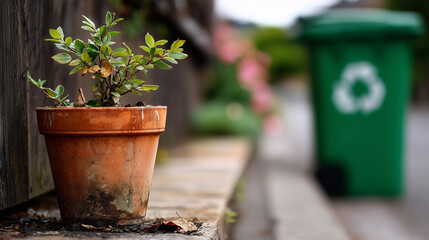 Houseplant in pot with recycling bin in background highlighting green living