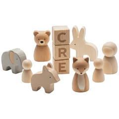 Wooden toy set featuring animal figures, pegs, and letter blocks spelling "CRE.