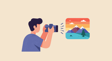 Creative hobby illustration A person photographing a vibrant mountain landscape at sunset, showcasing the joy of capturing memorable moments in nature and travel