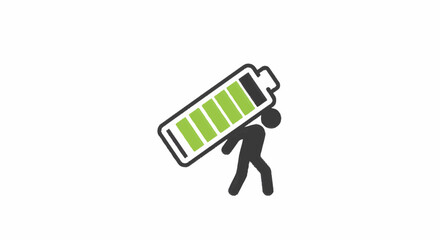 Metaphorical graphic depicting a stylized person diligently carrying a substantial, fully charged battery, conveying themes of sustainable power, personal resilience, and energy responsibility