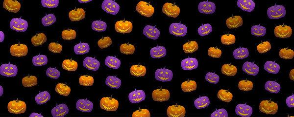 Halloween pattern background with orange and violet jack o lantern pumpkins. Vector banner design