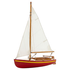 Wooden sailboat with red hull and white sail, set against a black background