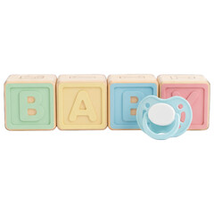 3D rendering of baby blocks spelling "BABY" alongside a blue pacifier, on a black background