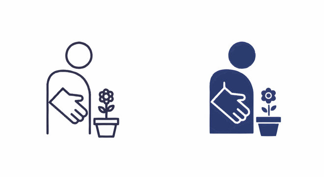 Icon of an individual wearing a gardening glove, nurturing a potted flower, representing home gardening, plant care, growth, and a fulfilling hobby, suitable for various digital and print designs