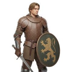 3D render of a medieval knight. He wears armor, holds sword & shield, has blonde hair