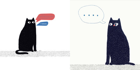 A black cat sits calmly on a plain background, with speech bubbles indicating its thoughts. The cat reflects various moods in this minimalist artwork.