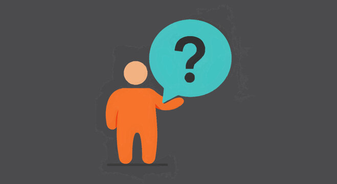 Stylized orange figure asking a question, depicted with a blue speech bubble and a question mark, representing inquiry, problem-solving, or seeking answers in a clear, illustrative format