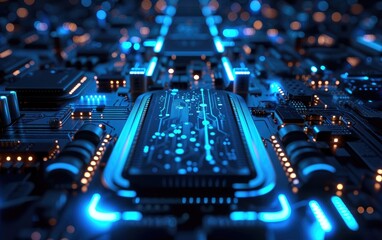 A close-up of a futuristic glowing blue circuit board,advanced technology and digital innovation.