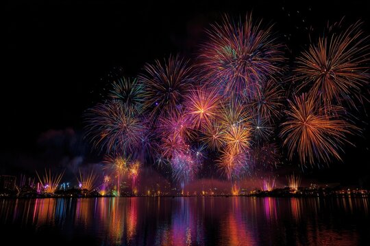 Colorful Fireworks Display Over Still Water Reflecting Lights at Night Celebratory Sky with Dark Background