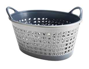 Open gray & white plastic basket with cutouts, curved shape