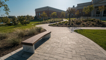 Modern park bench stone pathway and brick building