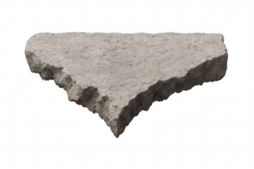 Concrete slab fragment with rough texture, gray stone breaking, isolated on transparent background