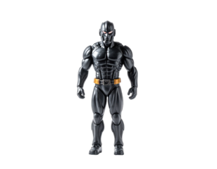 Dark armored figure w/ glowing red eyes stands centered