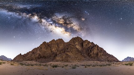 An awe-inspiring panorama of a dramatic mountain range set against a clear night sky filled with twinkling stars and the luminous streak of the Milky Way. The rugged terrain is sharply defined,