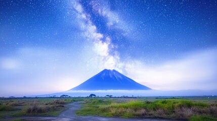 A striking image showcasing a dramatic mountain range under a sparkling starry sky, with the Milky Way arching gracefully overhead. The composition captures both the grandeur of the mountains and the