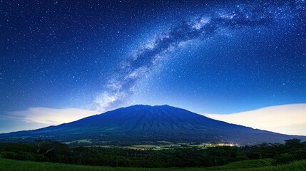 A striking image showcasing a dramatic mountain range under a sparkling starry sky, with the Milky Way arching gracefully overhead. The composition captures both the grandeur of the mountains and the