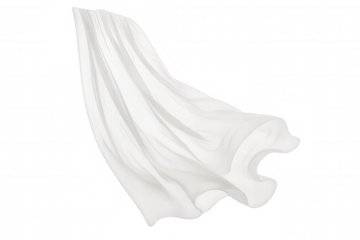 White sheer fabric gently fluttering and flowing in the wind, creating soft, delicate waves. Transparent background