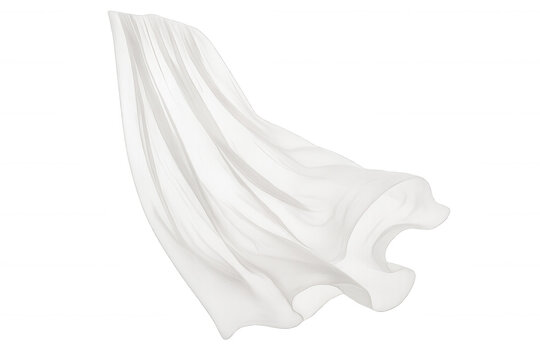 White sheer fabric gently fluttering and flowing in the wind, creating soft, delicate waves. Transparent background